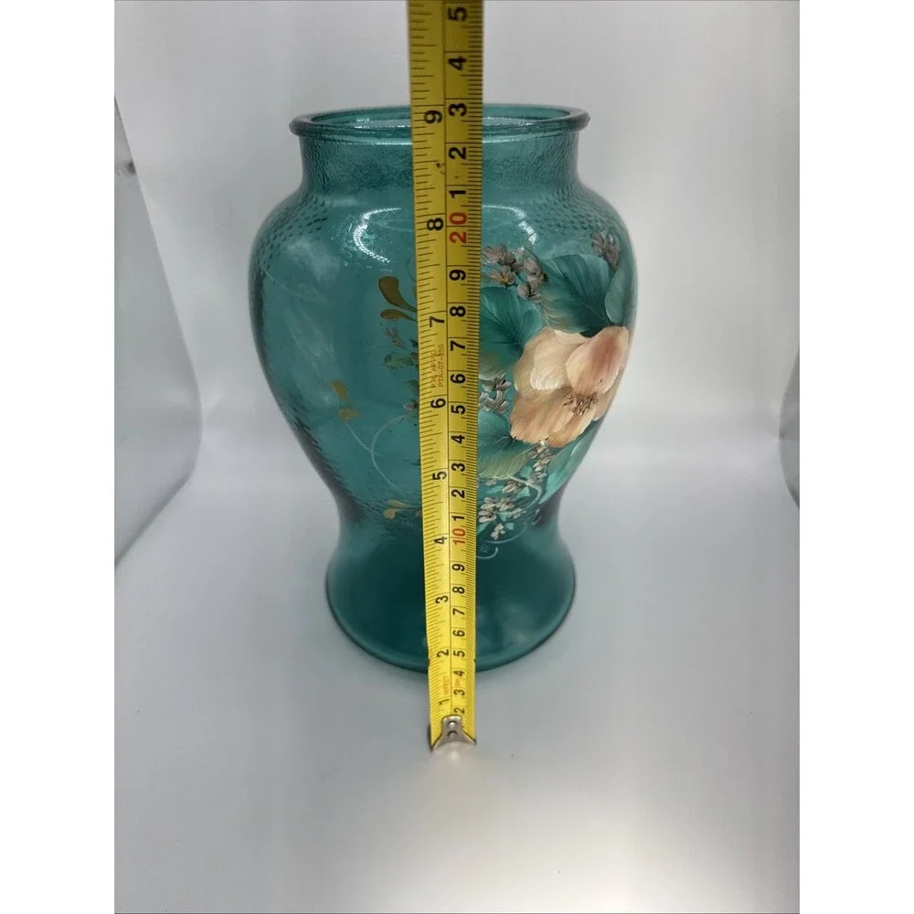 Vintage Hand Painted  Pink Floral On Teal Vase Signed Edwards 9x6.5” Cottagecore